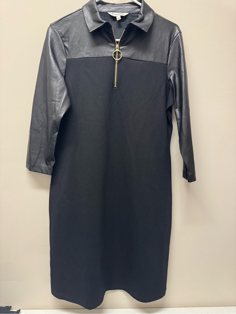 Nanette Lepore Black Faux Leather Yoke Zip-Front Long Sleeve Dress